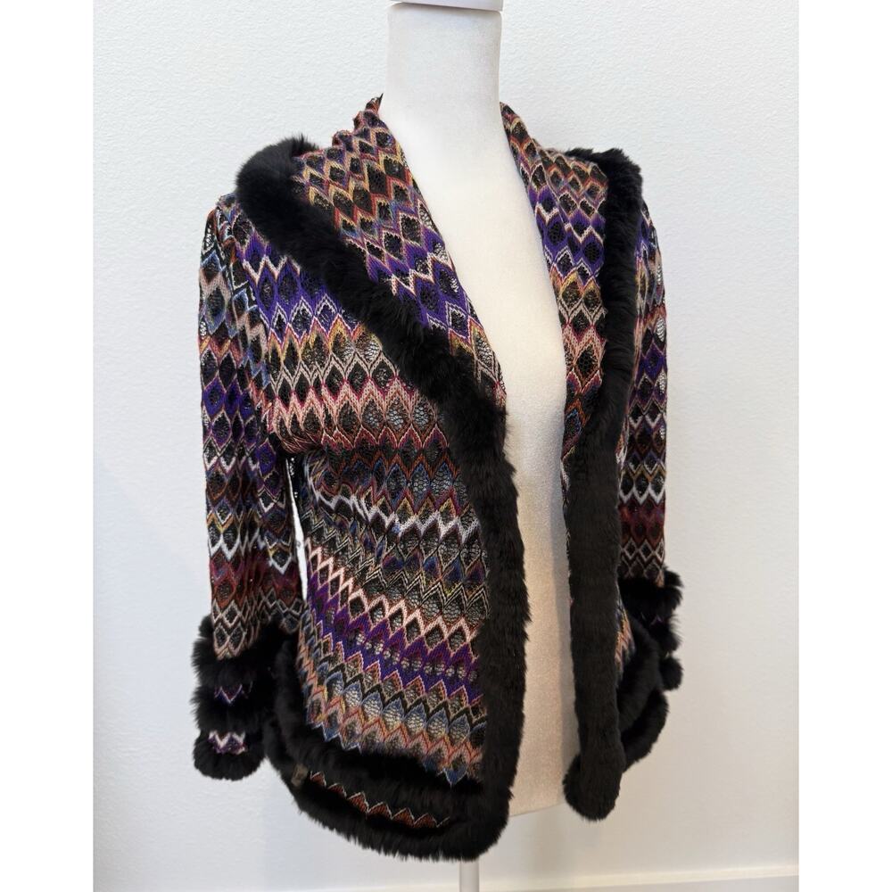 Dino Gaspari Rabbit Fur Trim Cardigan S Multicolor Geometric Knit Made in Canada